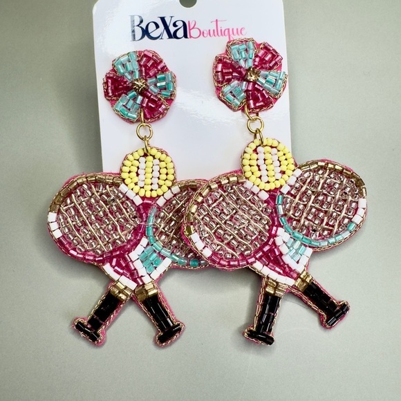 Beaded Tennis Racket Earrings - Picture 1 of 3